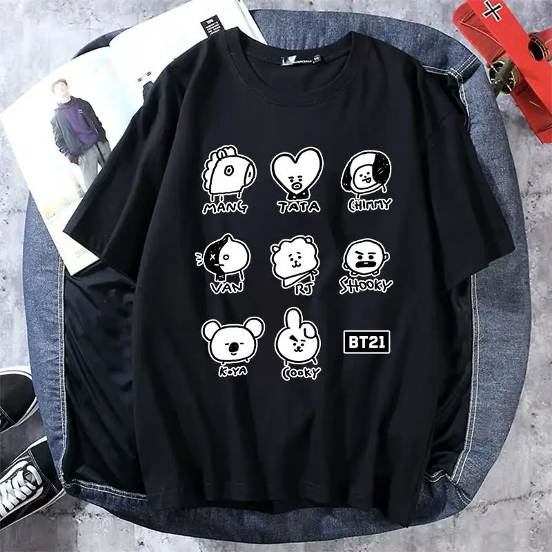 Summer new BT21 loose T-shirt top cute cartoon thin parent-child black and white short sleeves Children\'s holiday gifts