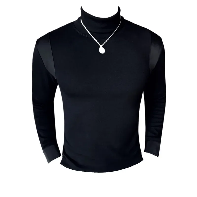 Foldable high collar spliced long sleeved men's autumn and winter new style business fashion elastic base shirt slim fit T-shirt