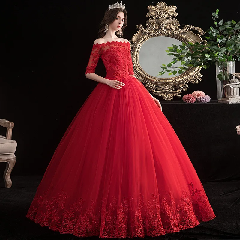 Abiti da sposa rossi elegante scollo a barca Vestido De Noiva abito da ballo classico in pizzo con le taglie forti Robe De Mariee 2023