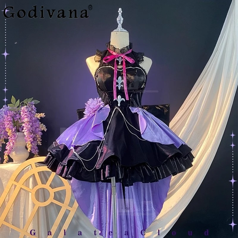 Abito Lolita viola nero a vita alta Gioco di ruolo natalizio Set di abiti da donna dolci Abito da principessa senza maniche per Ognissanti