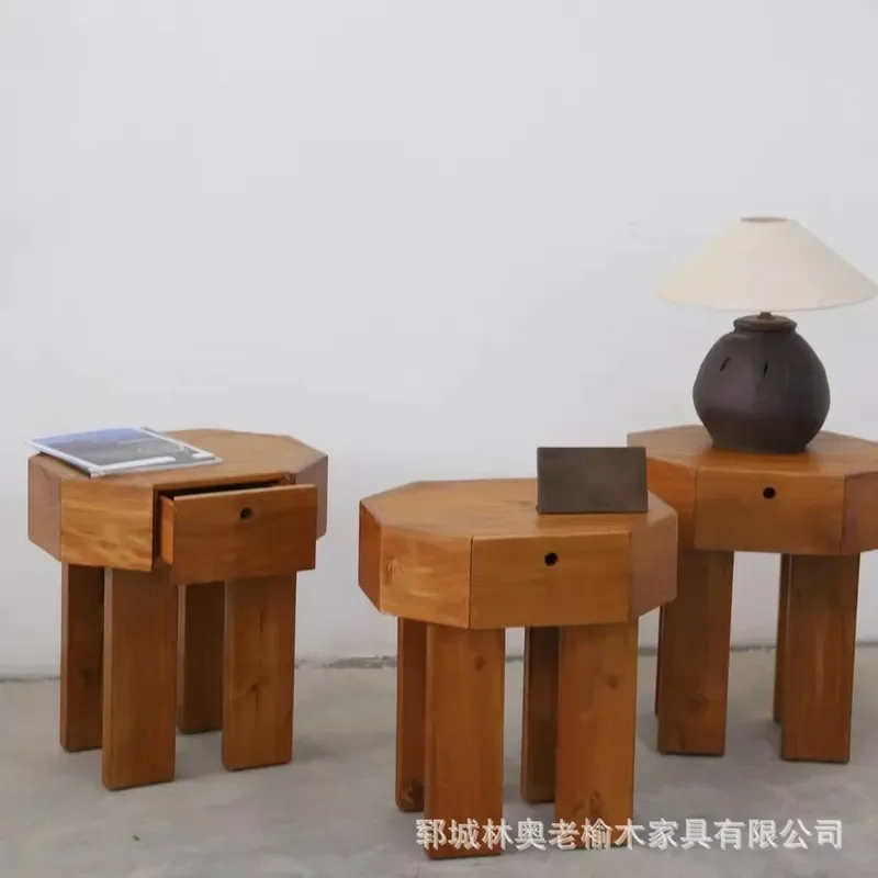 for Wabi Sandy Wind Old Elm Bedside Table Vintage Solid Wood Drawer Nightstand Simple Bedroom Storage Shelf Locker Furniture