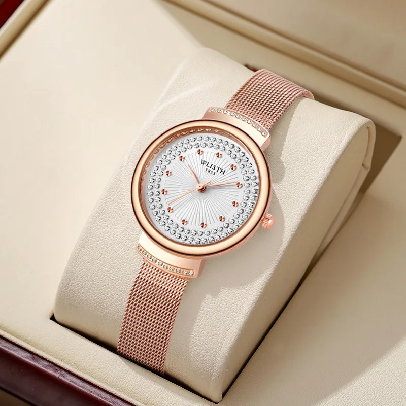 Lanzamiento de nuevo producto: reloj de mujer, conjunto de diamantes de moda, reloj con correa de malla de Milán, cinturón de acero morado, reloj elegante de cuarzo resistente al agua