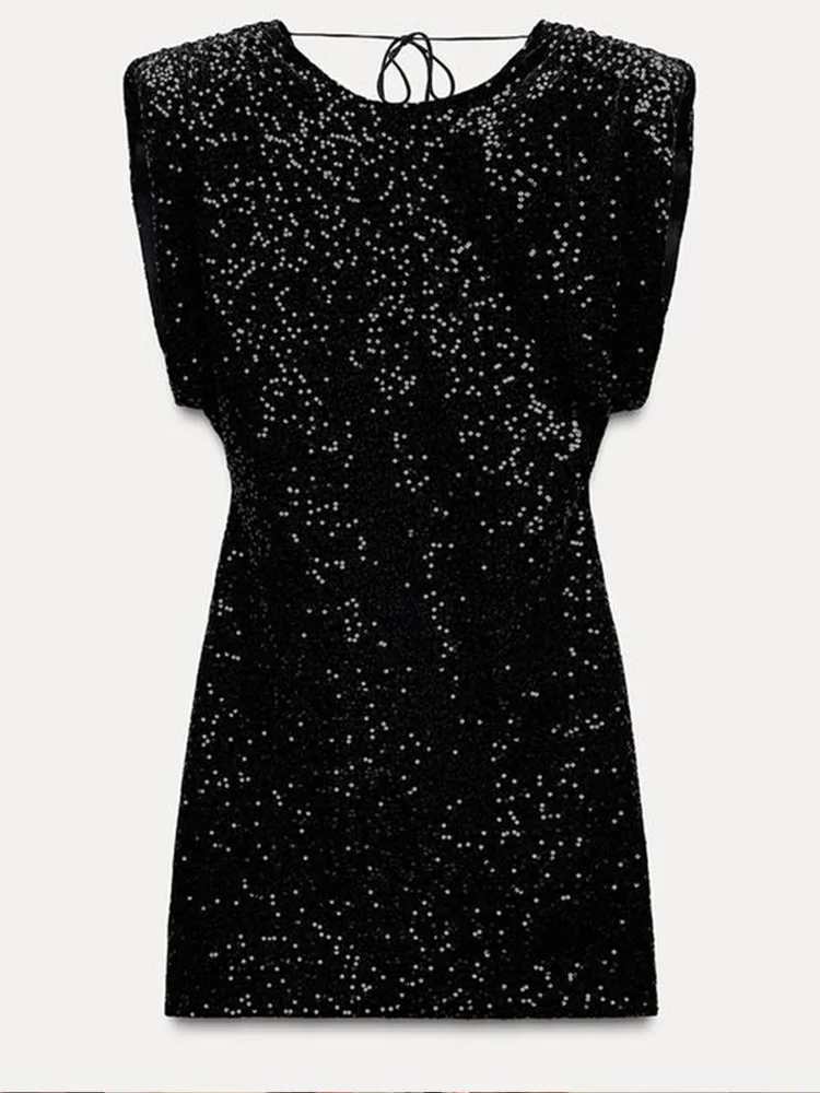 Mini Robe Plissée à Paillettes pour Femme, Col Rond, Coupe Cintrée, Manches Courtes, Cocktail, Festivals, Éducatif, Chic, Mode, Quelle que soit la Nouvelle, 2024