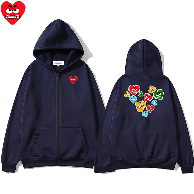 Sudadera con capucha con cremallera y estampado de Little Love para hombre y mujer, suéter holgado y fino con bolsillo de poliéster bordado de corazón y bonito para otoño