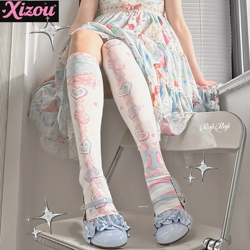 Japanese Sweet Macaron Lolita  Women's Socks Sweetheart Girl Spring Autumn Tube Socks Velvet Printed Knee Sock with Lolita Skirt