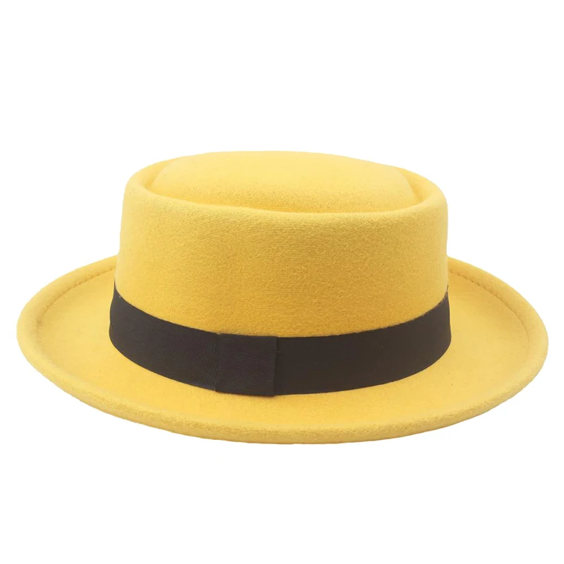 Flat Top Fedoras Jazz Hats For women Men Solid Color Imitation Woolen Jazz Cap British Style Wide Brim Ladies Bowler Hats Fedora