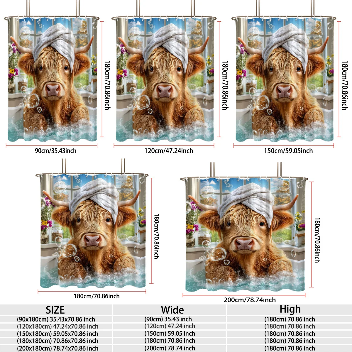 Funny Bathing Highland Cow Shower Curtain Polyester Digital Printing Adorable Fluffy Brown Scottish Highland Cow Taking