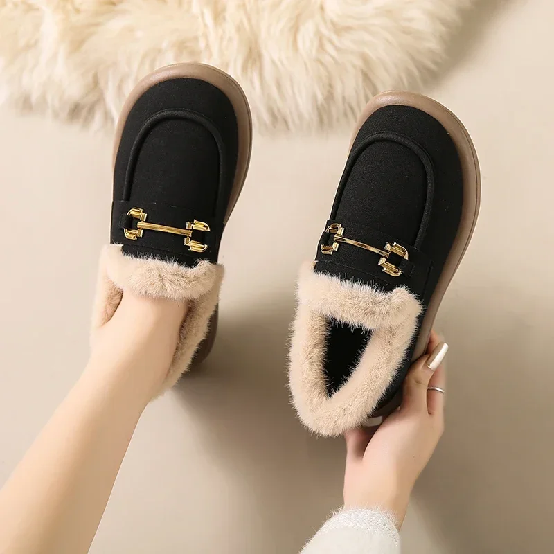 Winter Women Flat Shoes 2025 Outdoor Casual Moccasins Soft Loafers Fashion Comfort Warm Plush Slip on Female Cotton Shoes 35-42