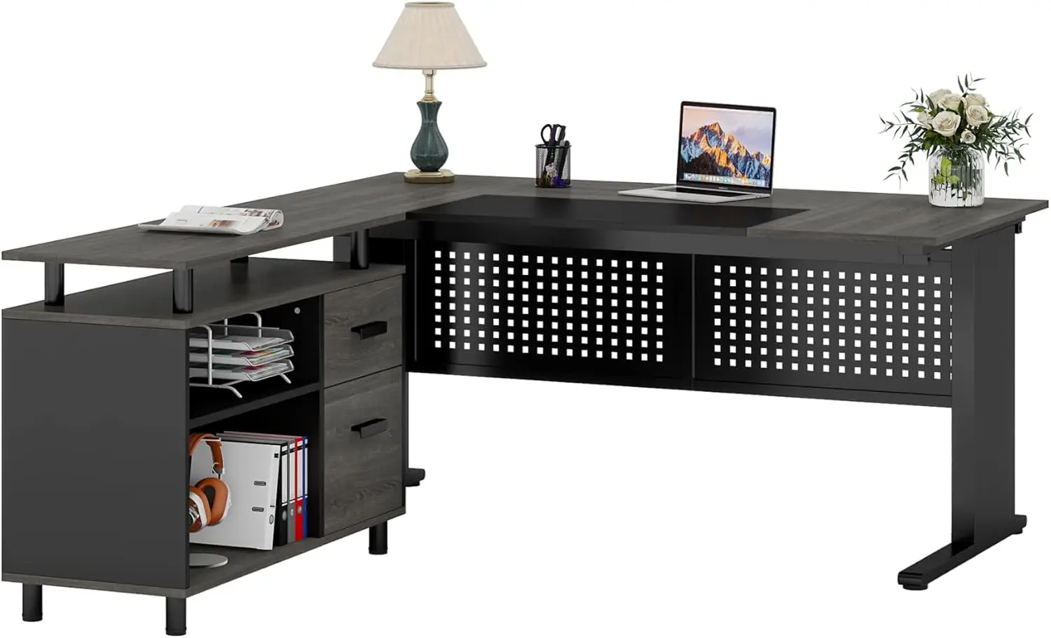 

LITTLE TREE Large Computer Desk with File Cabinet, 63 Inch Executive Desk L Shaped Office Desk with Drawers and Storage Shelves,