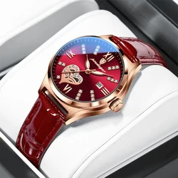 POEDAGAR Red Leather Ladies Watch Luxury Rose Gold Diamond Romantic Dial Women Watches Waterproof Casual Luminous Gift Clock New