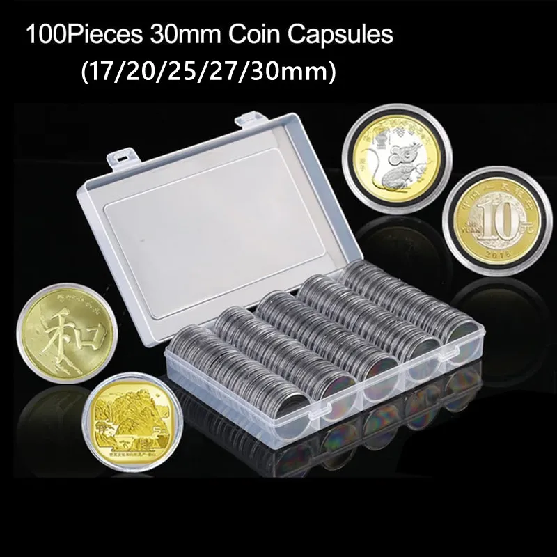 

100pcs 30mm Coin Capsules 5 Sizes 17/20/25/27/30mm Protect Gasket Coin Holder Case with Plastic Storage Box for Coin Collection