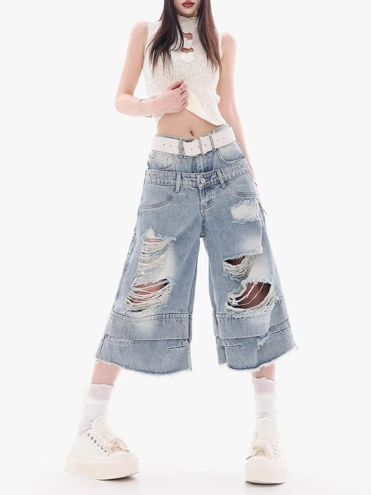 

Women Y2k Knee Length Cool Girl Baggy Denim Trouser Japanese 2000s Boyfriend Style Jean Pants Vintage Oversize Clothes 2025