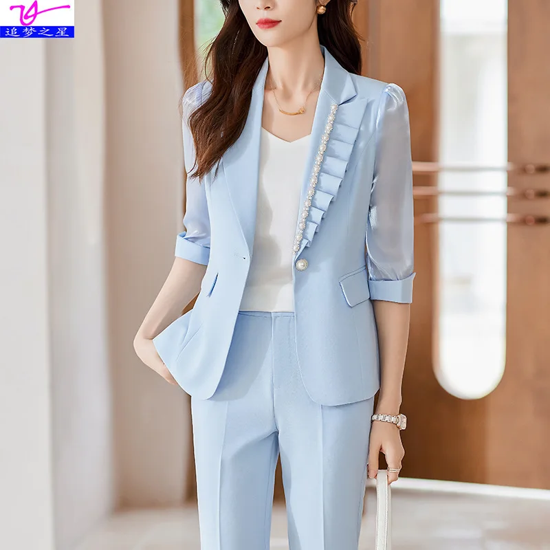 Blue Suit Jacket for Women 2023 Spring Thin Fashionable Temperament Beaded Half Sleeve Business Wear Formal Casual Suit