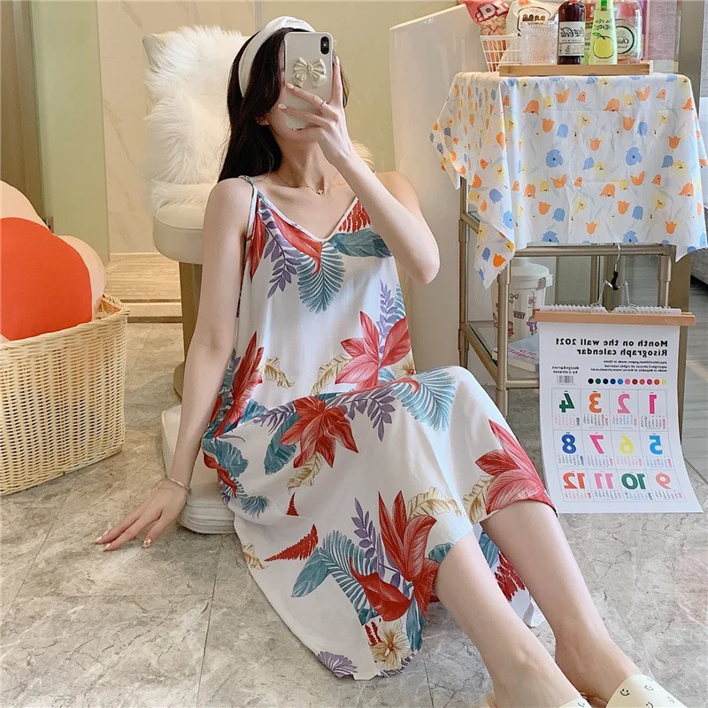 Summer Loose Thin Cotton Night Dress Women Print Cartoon  Sleepwear Lingerie Cute Nightdress Strap Thin Home Wear Clothes