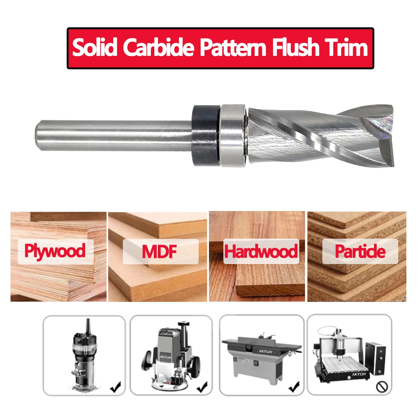 Pattern Flush Trim Router Bit Bottom Clearing 2 Flute,Shank Bearing Upcut Spiral for Flush Trimming -1/4" Shank