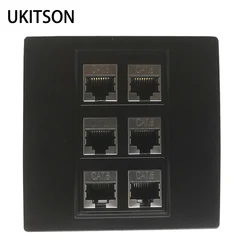 6 Ports Shielded Female CAT6 RJ45 Network Plug Socket Wall Panel In Black Color 86x86mm Internet Six Gang Straight LAN Faceplate