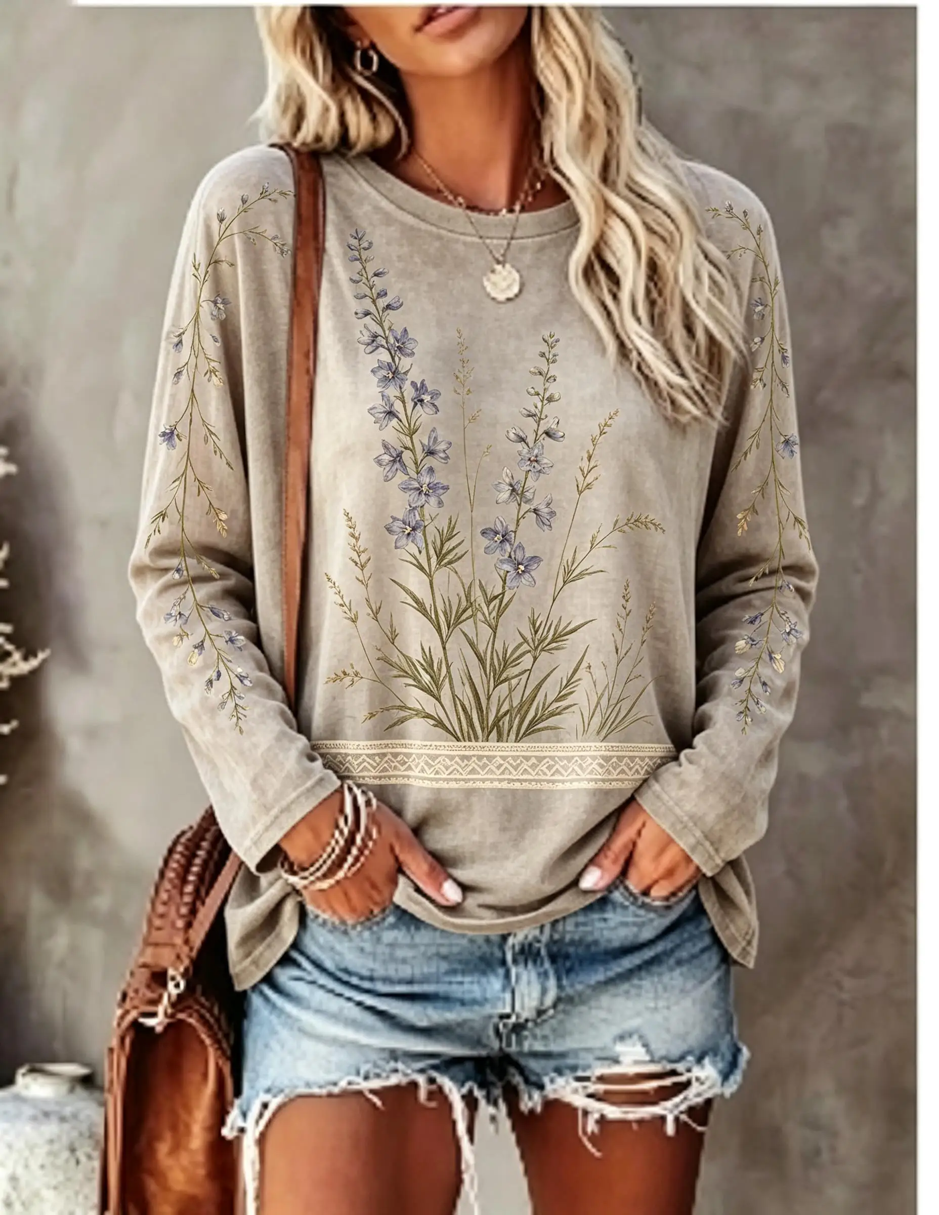 Women Long Sleeve T Shirt Vintage Wildflower Floral Print Crew Neck Casual Boho Fall Tops