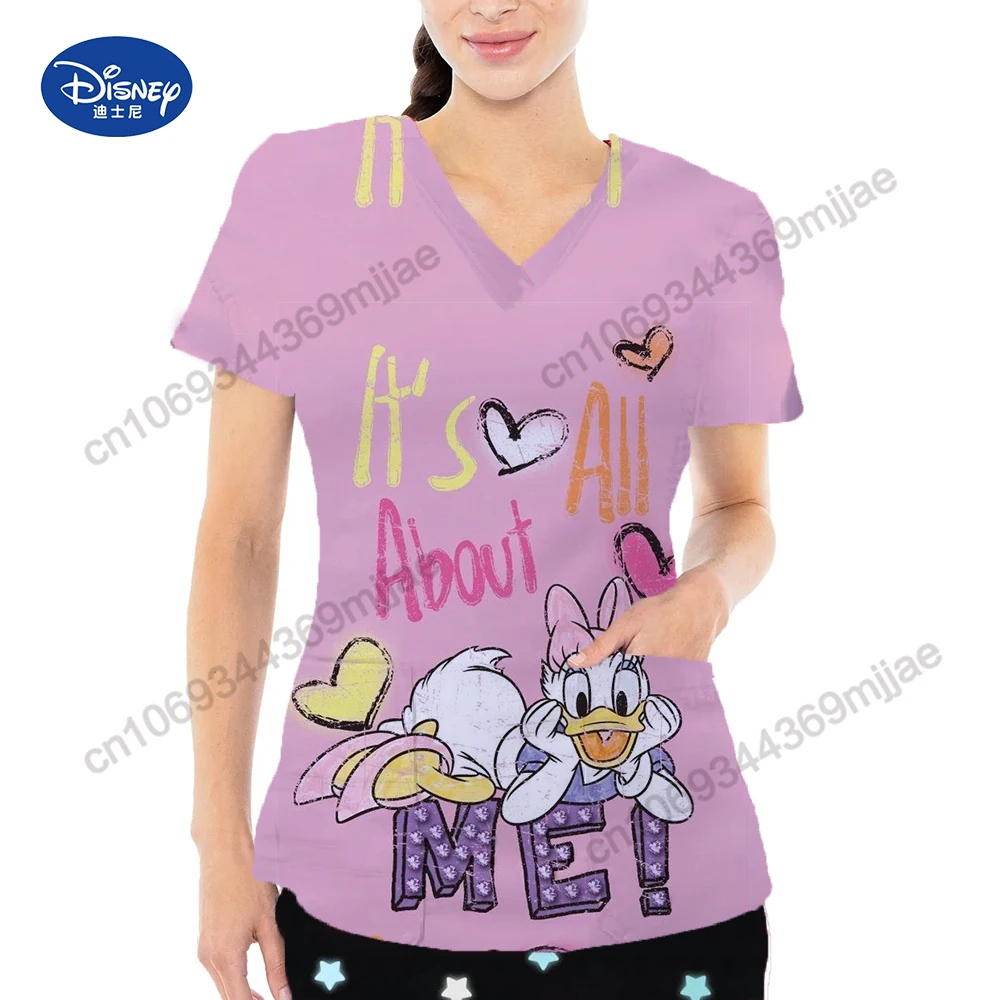 Ropa estética de dibujos animados de Disney Patten, camiseta de manga corta con diseño de cuello en V, ropa de mujer con dos bolsillos, camiseta de verano 2024