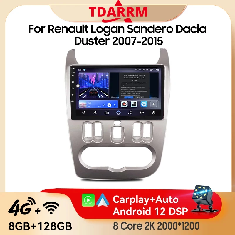 Android 13.0 For Renault Logan Sandero Dacia Duster 2007 - 2015 Car Radio Multimedia Player GPS Carplay Stereo Autoradio 2K QLED