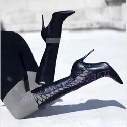 Sexy Hollow-out Long Boots Women Side Cross-tied Novelty Stiletto Heels Shoes Ladies Luxury Pointed Toe Side Zipper Brown Boots