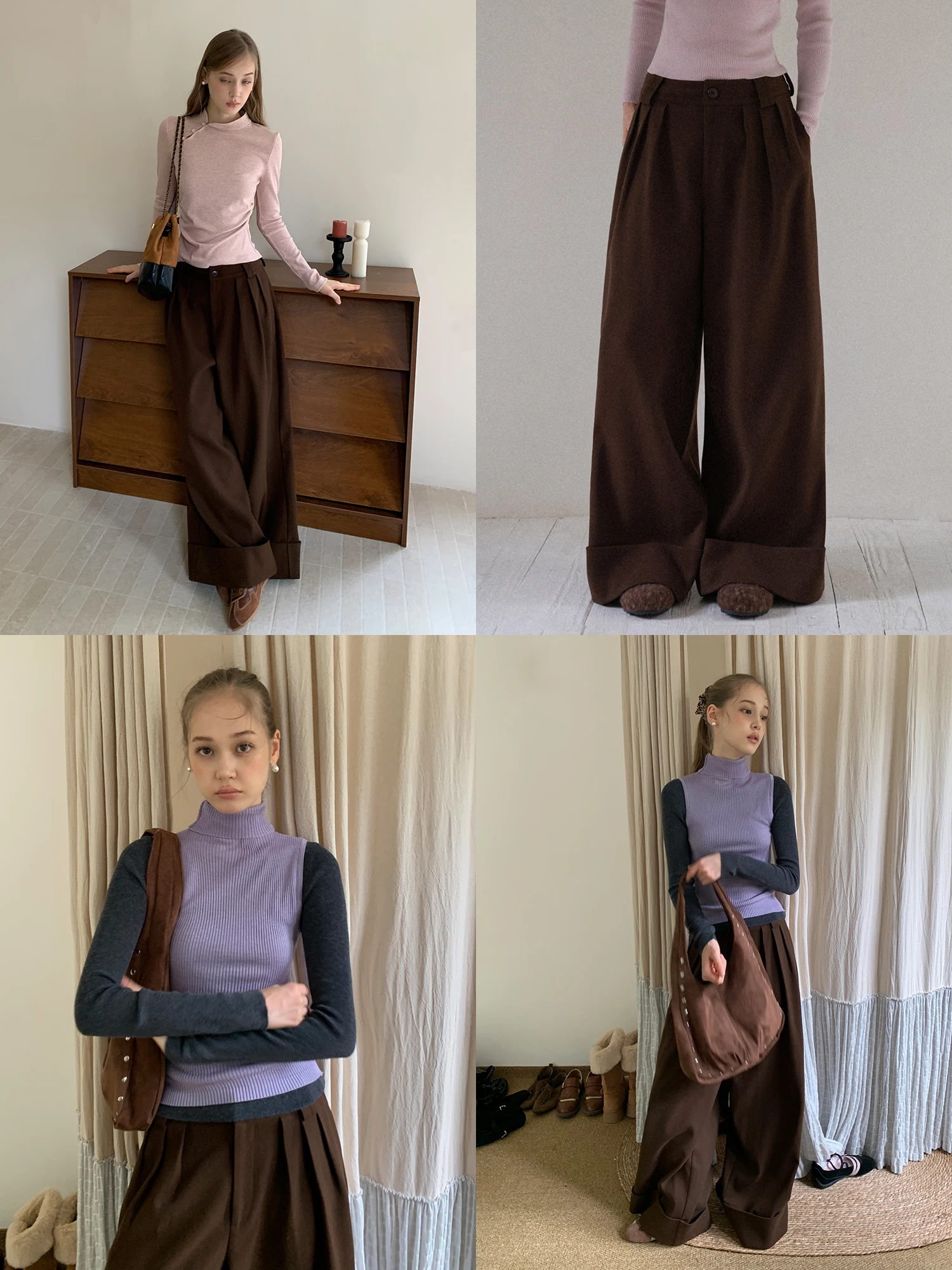 High Waist Wide Leg Casual Pants Women's Autumn Winter Loose Straight Cut Coffee Color Cuffed Pants Comfortable Polyester Fiber