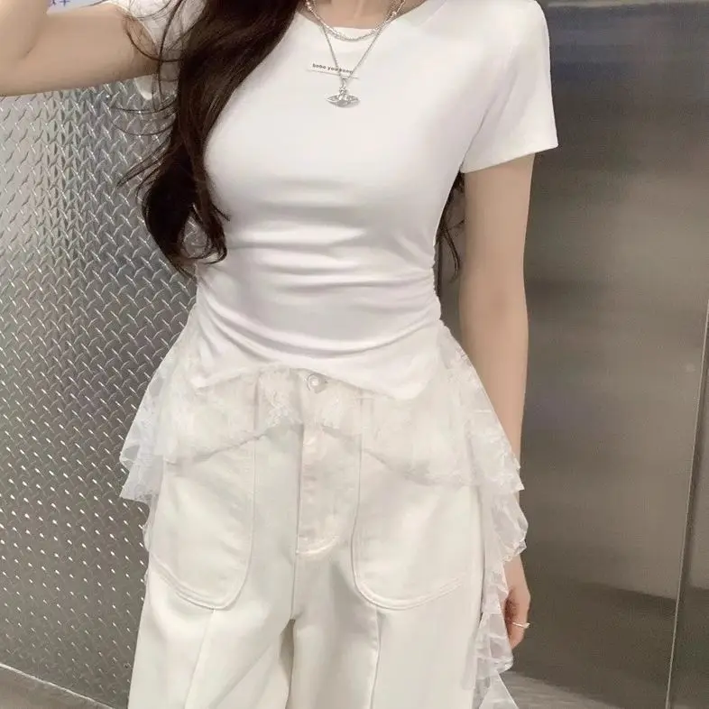 레이스 리본 반소매 티셔츠 여성용 여름 새로운 불규칙한 허리 슬림 탑