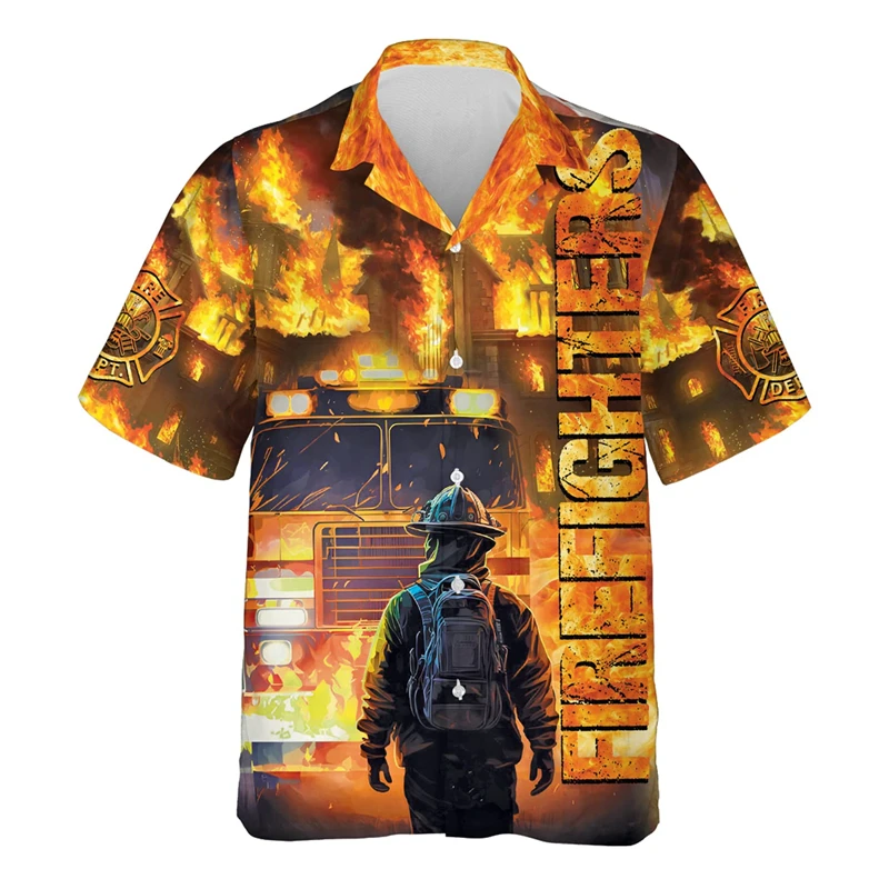 Fashion Firefighter Graphic Short Sleeve Shirts For Men Clothes Hero Profession Streetwear Blouses  Fire Truck Lapel Blouse Tops