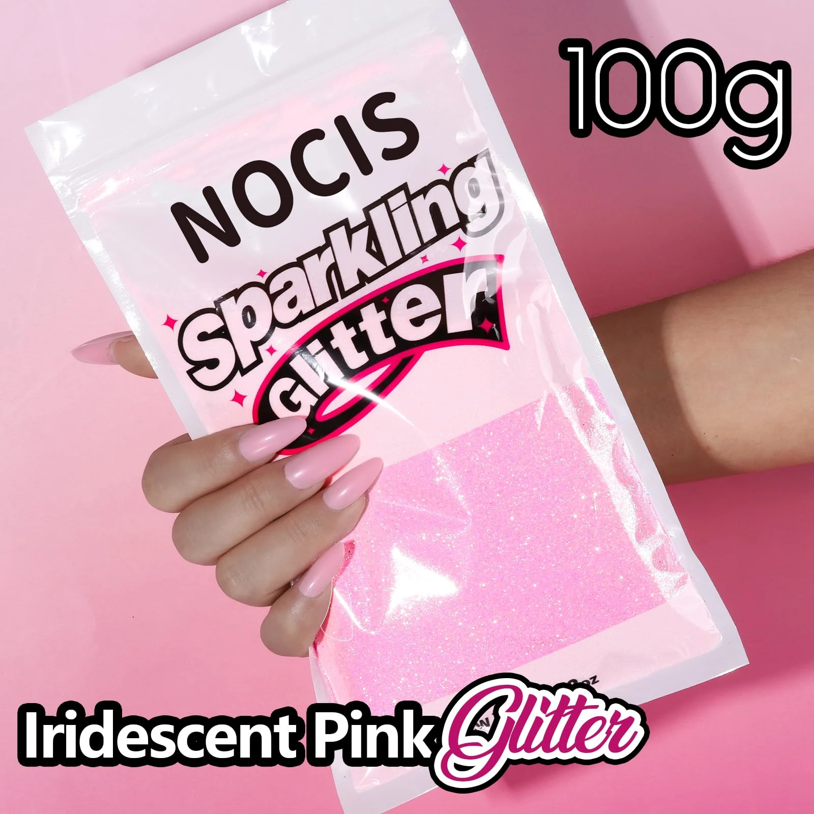 NOCIS 100g/3.5 Oz Iridescent Fine Glitter | Pink Glitter for Crafts, Resin, Jewelry, Keychains, Flowers, Party Decorations