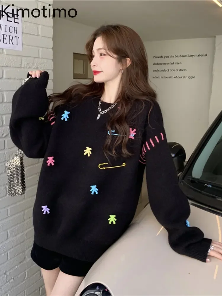 Kimotimo Colorful Bear Embroidery Sweater Women Autumn Winter Loose Round Neck Pullover Korean Fashion Design Lazy Knitted Tops