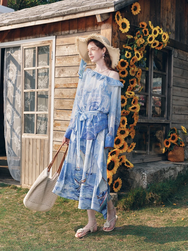 

Spring 2026 Floral Print Chiffon Top Women's Sleeveless Embellished Shoulder Banded Neckline Island Vacation Style Loose Fit