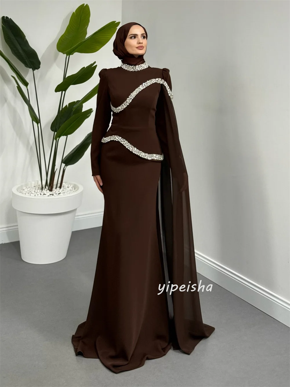 Customized Luxury Exquisite Jersey Rhinestone Pleat Mermaid High Collar Long Dresses Evening Dresses for Woman Pastrol Formal image 4