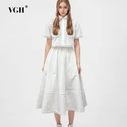 VGH Casual Two Piece Sets For Women Lapel Short Sleeve Patchwork Pockets Shirts High Waist A Line Skirts Solid Loose Set Female