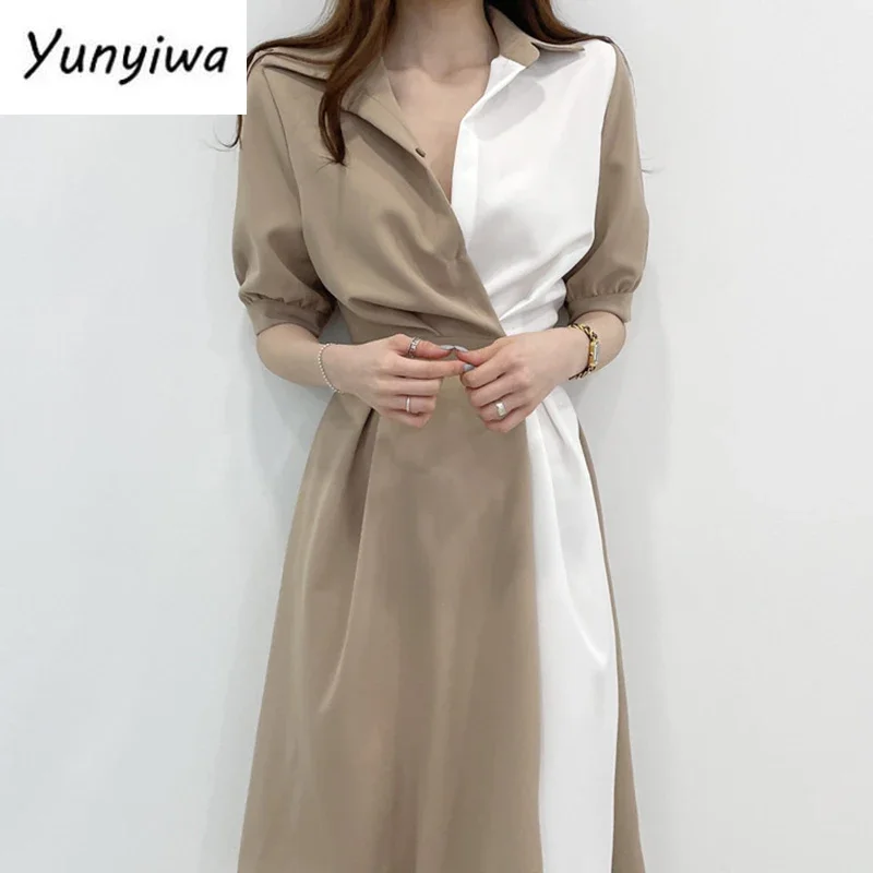 

Elegant Contrast Color Woman Dress Korean Slim Waist Woman Dresses Summer Casual Office Lady Vestidos Femme