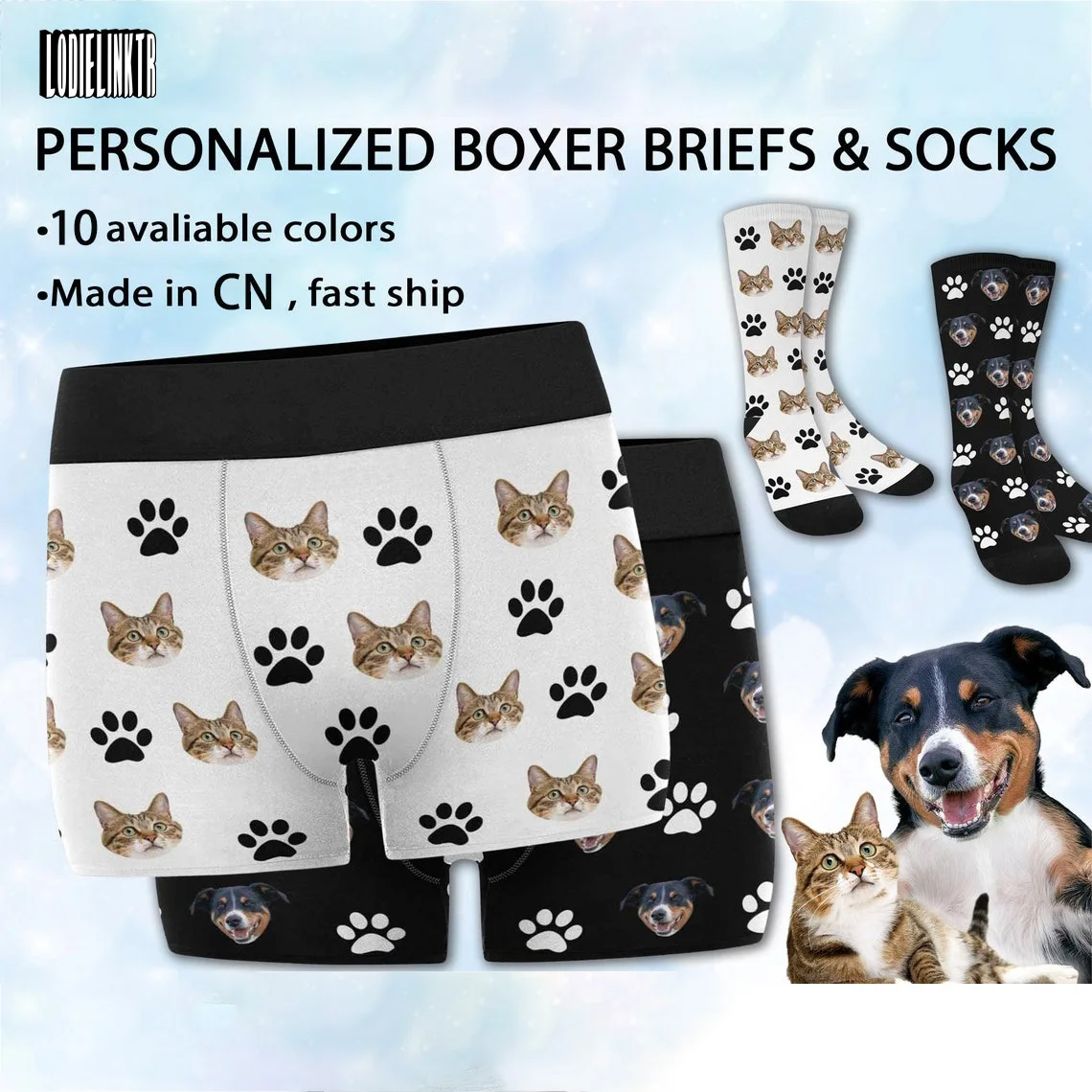 MADE In China -Personalized Men's Boxer Briefs Custom Pet Photo Socks Underwear With Dog Face Gift For Him Boyfriend Husband