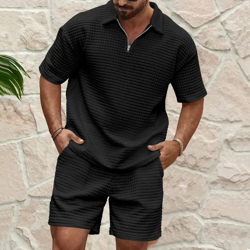 Letni trend w stylu casual męska koszulka Polo + spodenki moda komfort waflowy jednokolorowy dres z golfem zestaw T-shirtów z krótkim rękawem