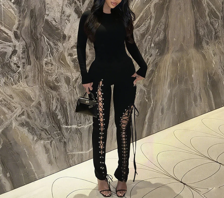 Jumpsuit Women 2026 Spring Autumn New Solid Color Round Neck Long Sleeve Fashion Sexy Hollow Strap Skinny Daily Long Jumpsuit