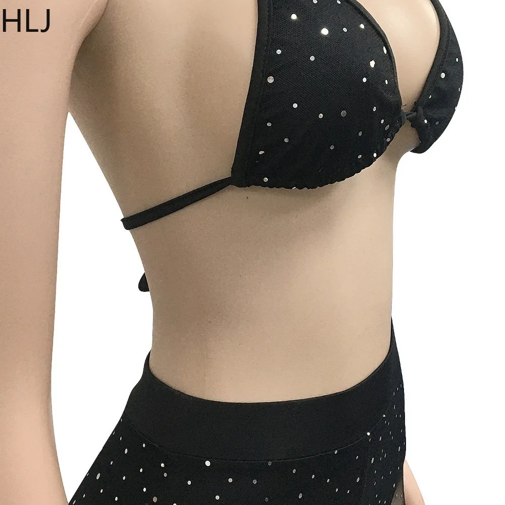 HLJ Sexy Sequin Mesh See Though Two Piece Sets Women Lace Up Backless Crop Top And Shorts Outfits Female Nightclub 2pcs Clothing