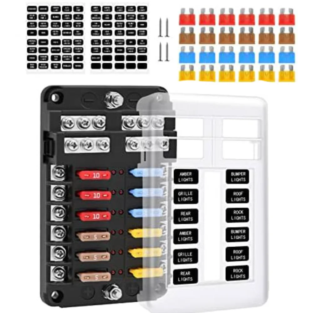 12 Way 12V ATC/ATO Blade Fuse Block with LED Indicator and Negative Bus – Waterproof Fuse Panel for Car Boat RV Truck