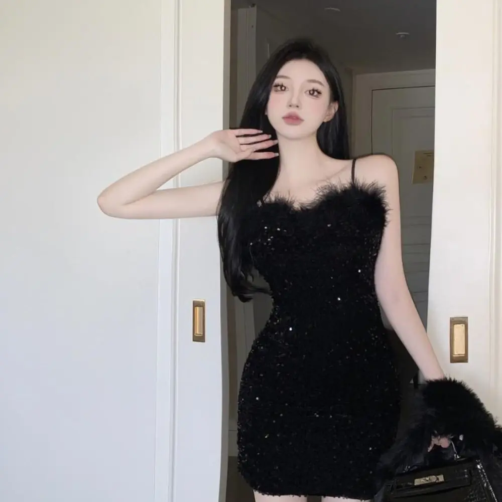 Sleeveless Sparking Sequin Suspender Mini Dress Sequin Sexy Sexy Sleeveless Short Dresses Slim Black Sequined Suspender Dress