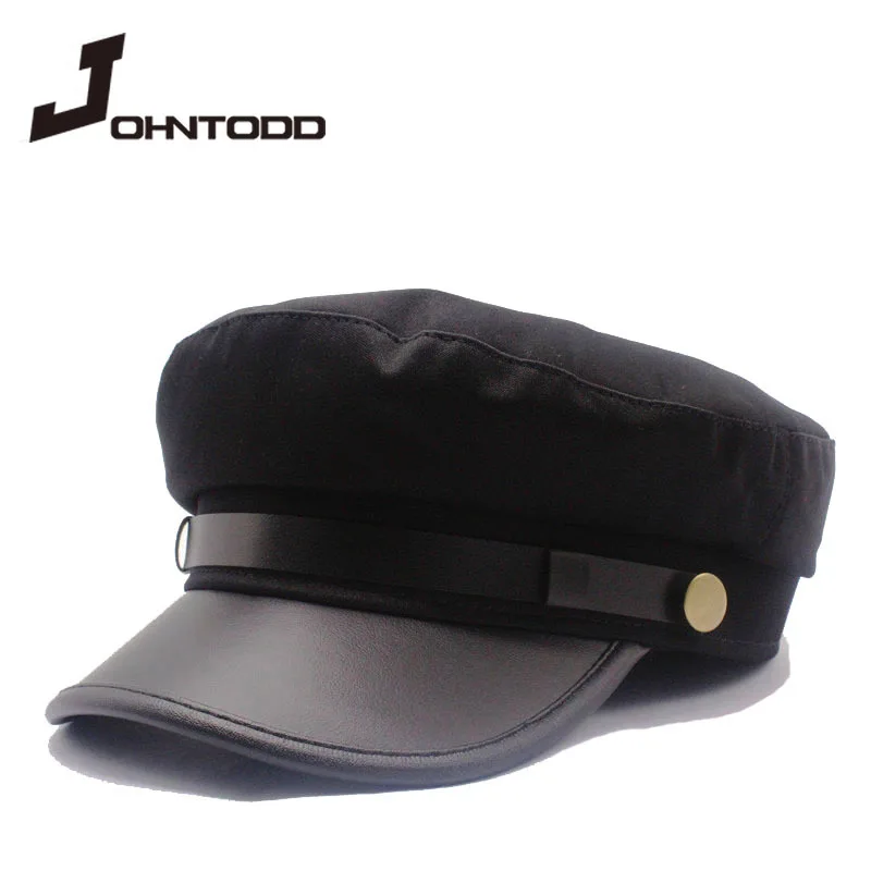 Unisex PU leather  hat autumn sailor hat for women men men black female travel student hat captain hat army flat top