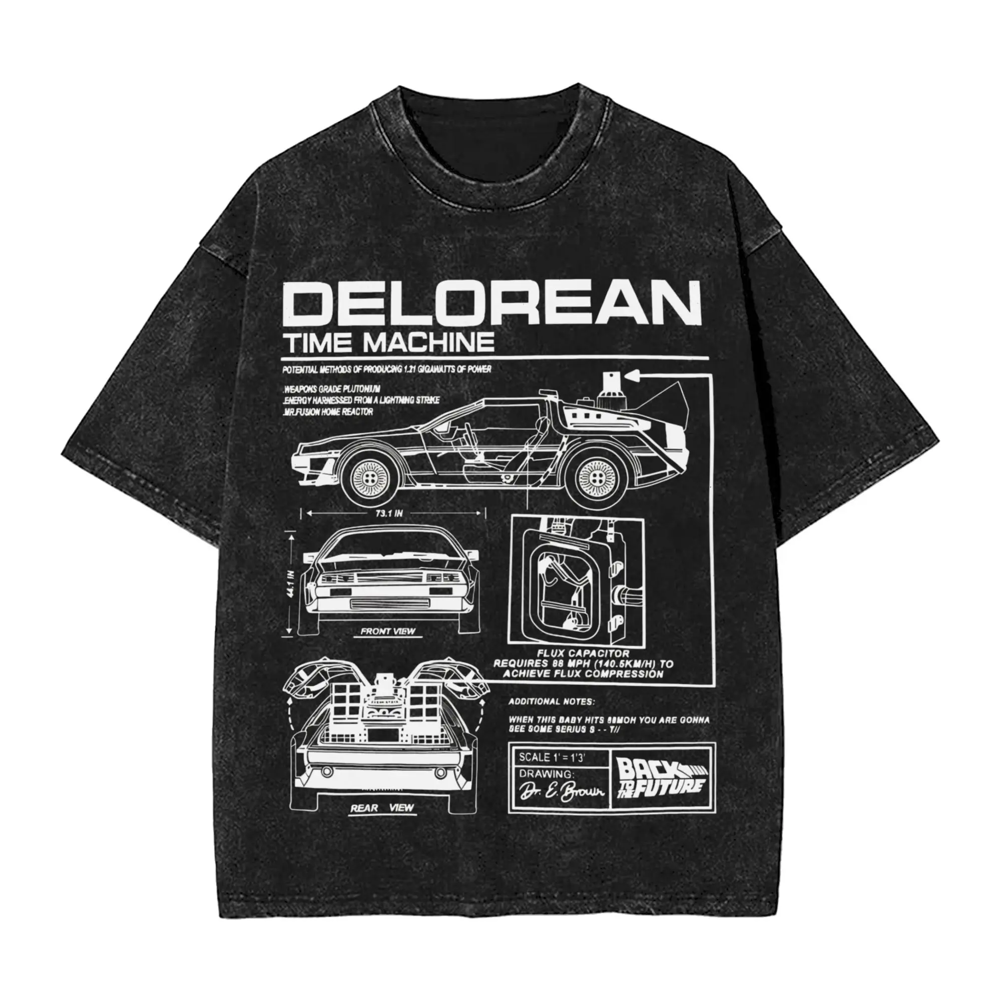 

Washed T Shirts Back To The Future Delorean Schematic Novelty T-Shirt Street Motorcycle Streetwear Cotton Summer Tees Men Women