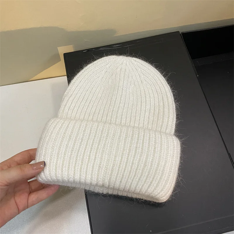 Thicken beanie cap for adult women New rabbit fur knitted hat Winter Unisex Girls Skullcap Solid plain skullies caps