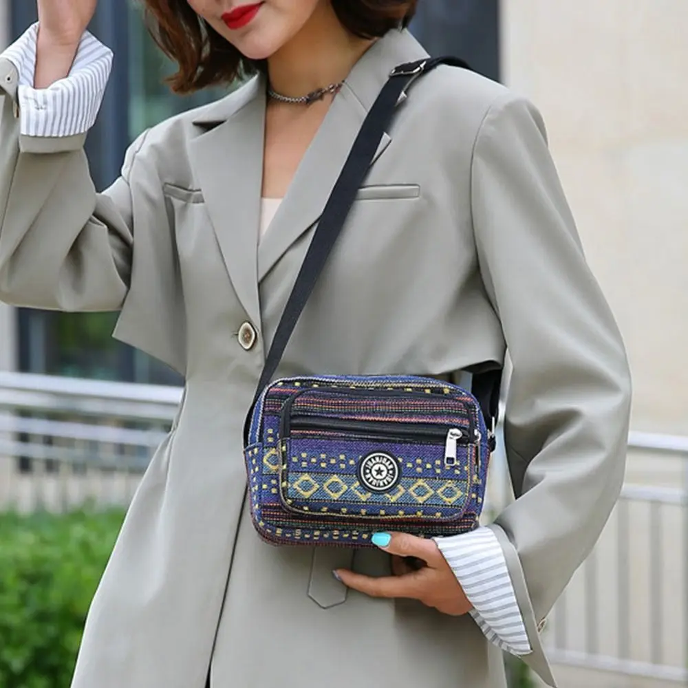 Women Multi Layered Stripe Print Shoulder Bag Casual Classic Vintage Tote Bag Girls Nylon Single Shoulder Backpack