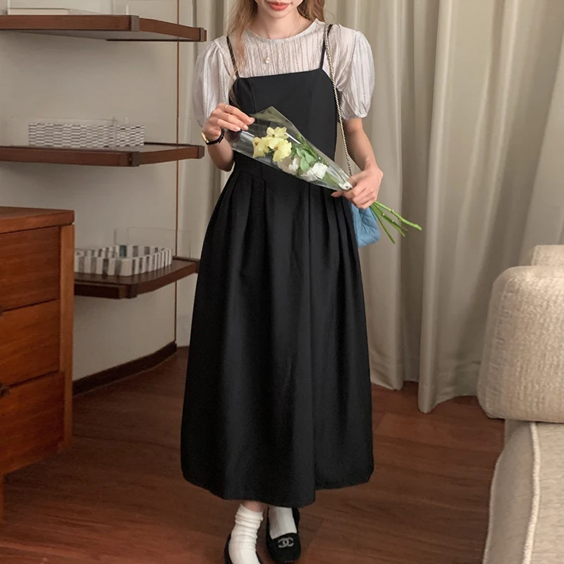 

Korean Chic Summer Vintage round Ne Bubble Sve irt Square Ne Pleated Waist Cinching Strap Dr Women Faion Set
