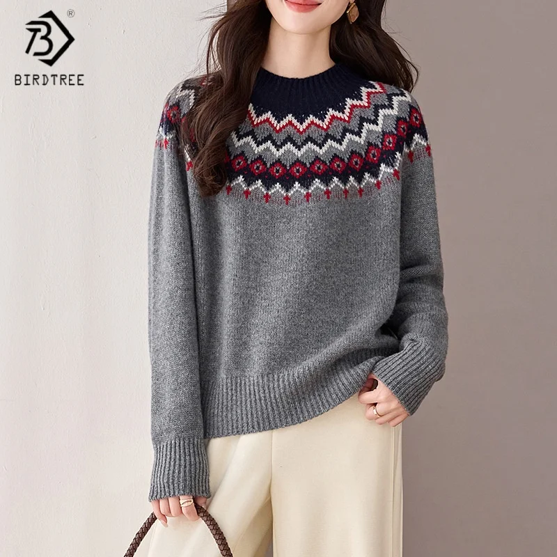 

Birdtree,100% Sheep Wool Knitted Sweater,Woman Jacquard Mock Neck Warmth Knitwear,2025 Autumn Winter Retro Pullover T5N515JF