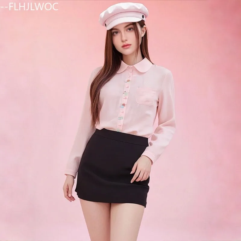 

Pink Cotton Tops Blouses New Fashion Woman Autumn Spring Long Sleeve Cute Japan Girls Embroidery Peter Pan Collar Shirts