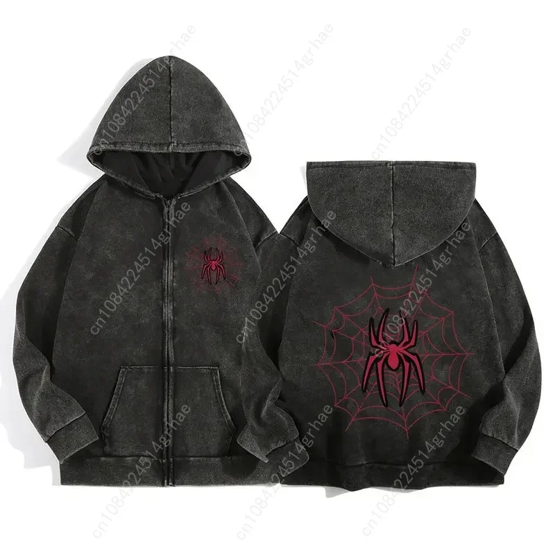 Y2K Acid Wash Zip Up Hoodie Harajuku Retro Gothic Graphic Spider Print Jacket Sweatshirt High Quality Cotton Men Women Clothing