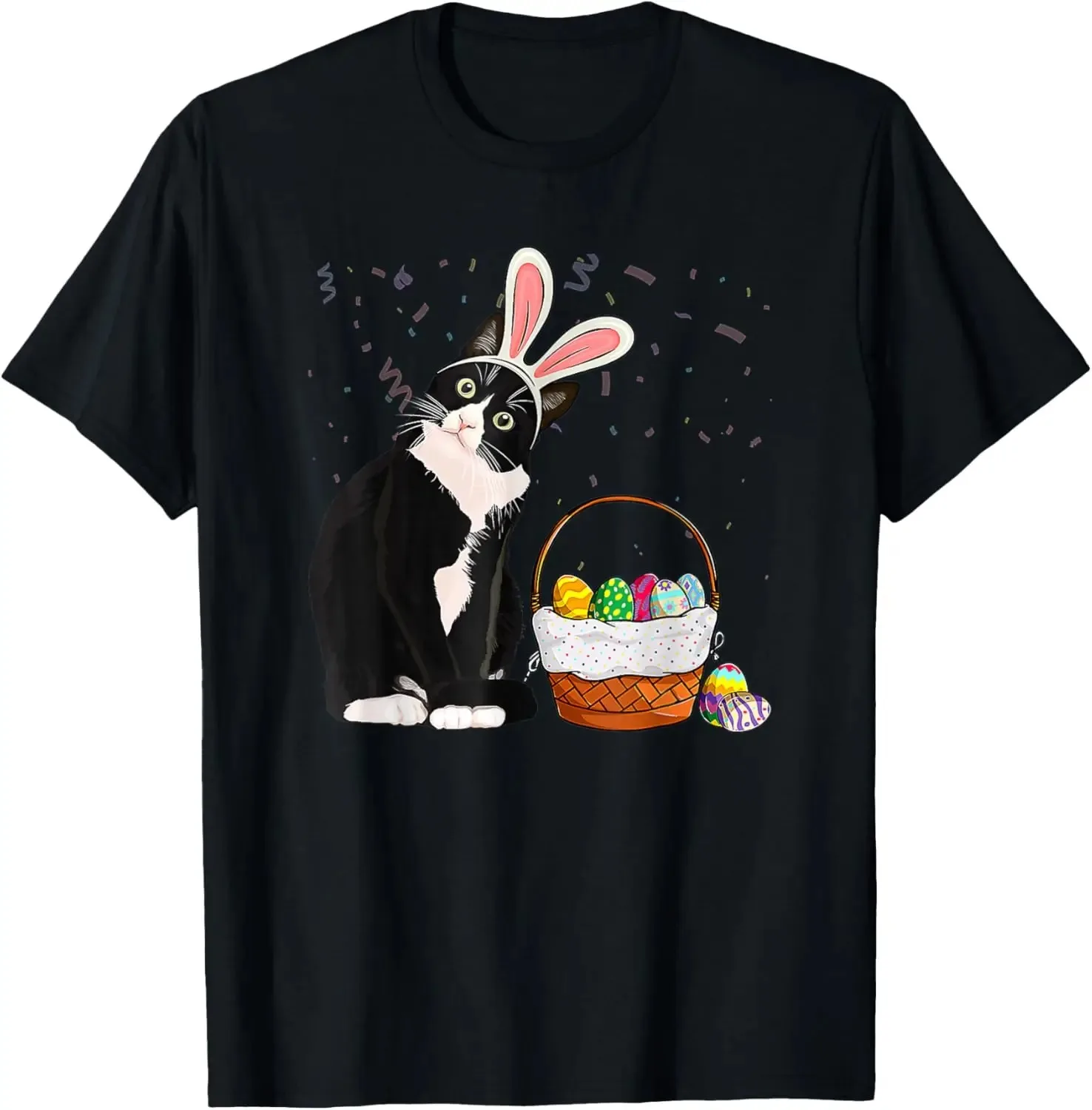 Cat Bunny Ears Easter Basket Graphic Shirts Casual Women Crewneck T-Shirt for Men Women Cute Cat Printed Tops Vintage Y2k Tee