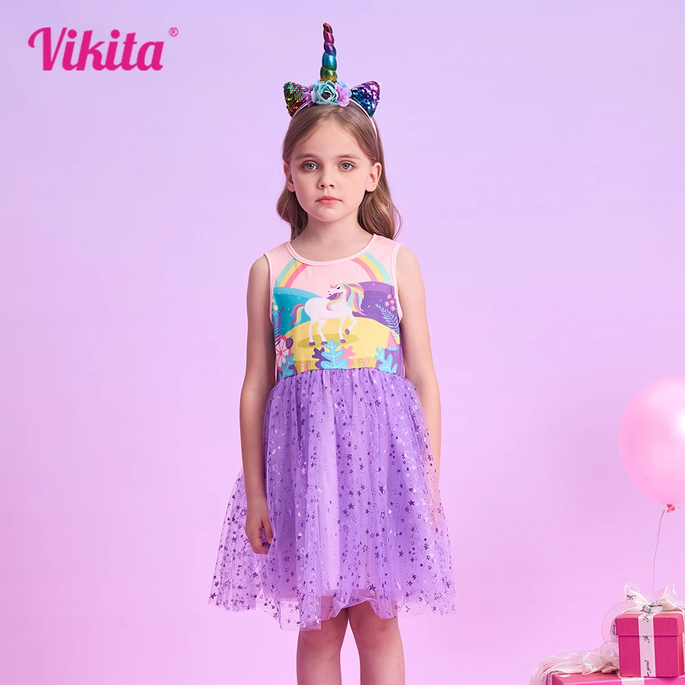 

VIKITA Kids Unicorn Cartoon Print Dress Girls Sleeveless Summer Vestidos Kids Patchwork Purple Princess Mesh Tulle Party Dress