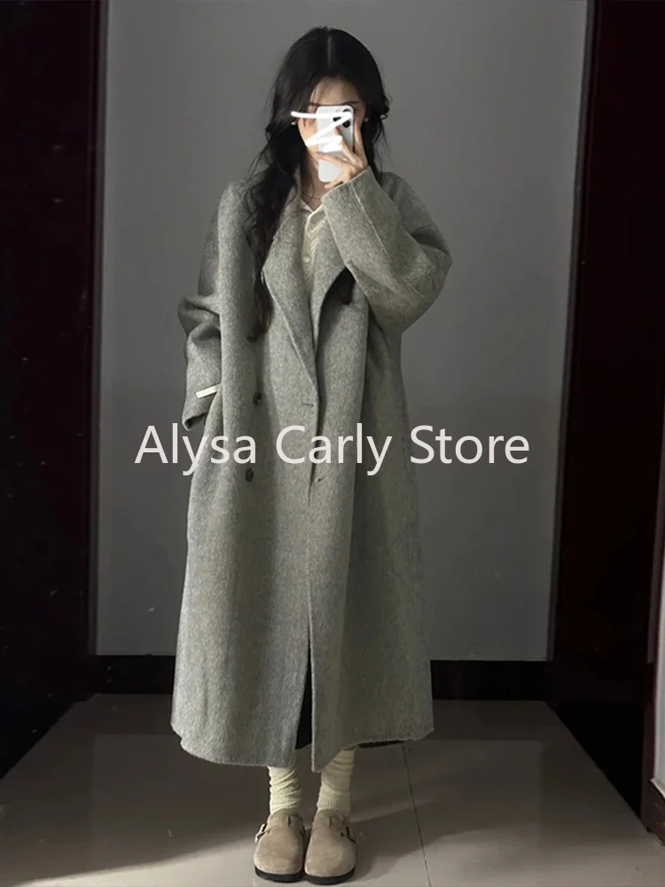 2023 Winter Long Woollen Coats Women Office Lady Loose Thick Warm Causal Jacket Female Y2k Outerwear Korean Fashion Trench Coats